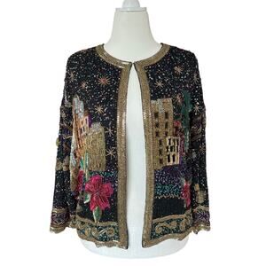 Vtg Vintage 1980s 80s Glam Sequin Arabian Desert Night Scene Black Beaded Jacket